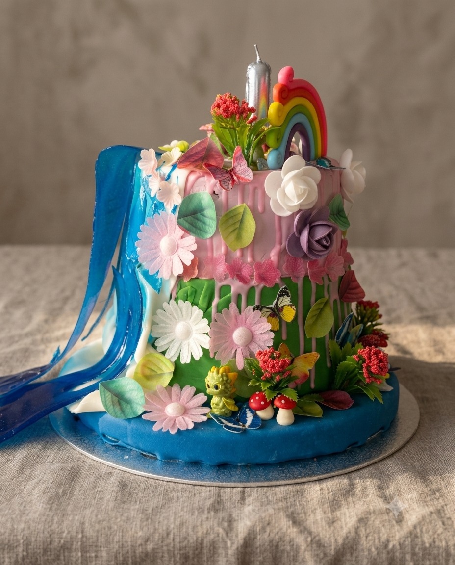 Echte Feenwald-Torte mit blauem Zucker-Wasserfall, Stoffblumen, Schmetterlingen und Drachenfigur.