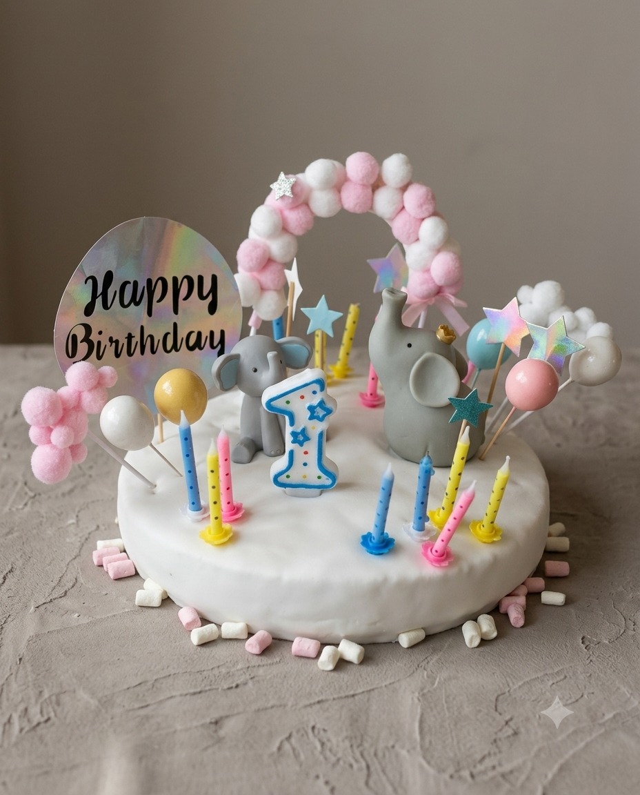 Echte Elefanten-Torte zum ersten Geburtstag mit Elefanten-Figuren, Pompom-Regenbogen und Happy-Birthday-Schild.