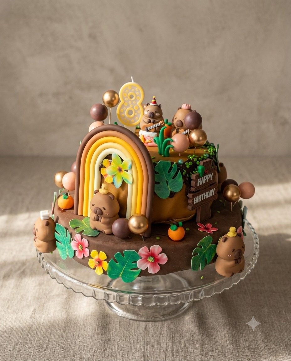 Echte Capybara-Dschungeltorte mit Regenbogen, Figuren, Schokoboden und einer Kerze in Form einer Acht.