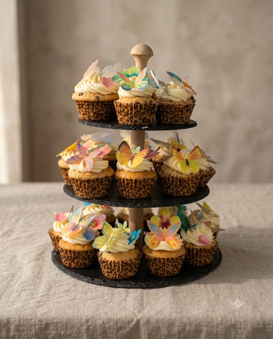 Echte Schmetterlings-Muffins auf einer dreistöckigen Etagere mit Schmetterlings- und Blumen-Toppern.