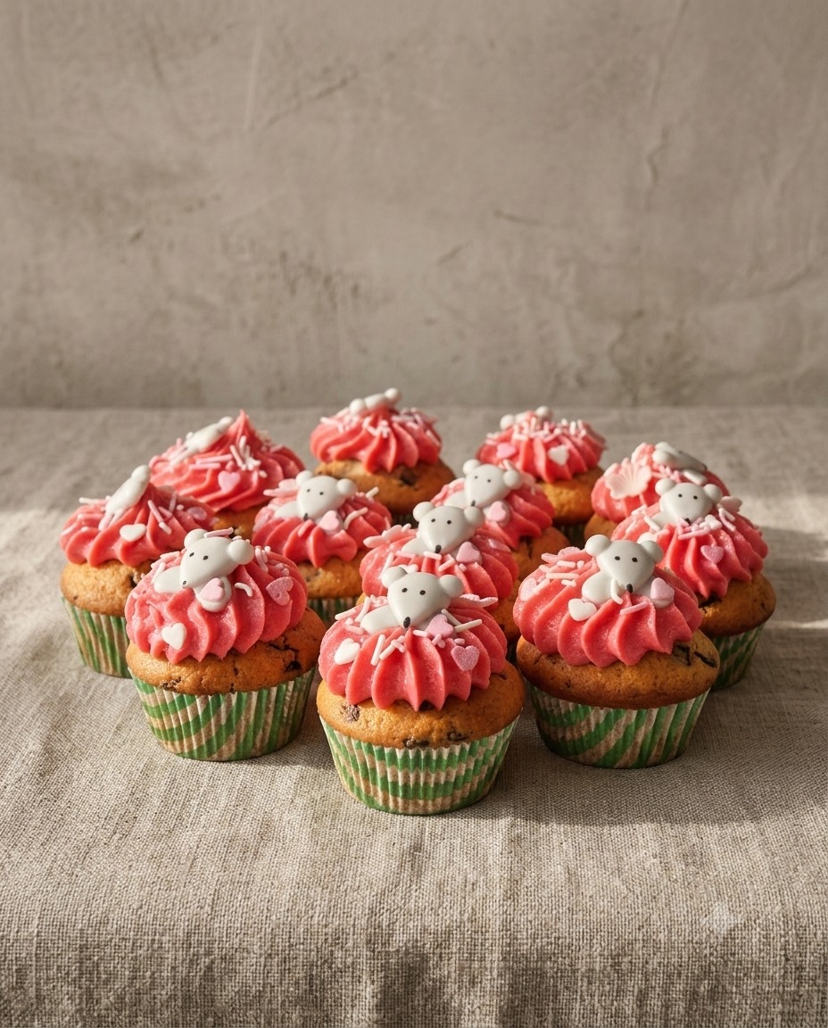 Echte Maus-Muffins mit rosa Frosting, Herz-Streuseln und weißen Fondant-Mäusen.